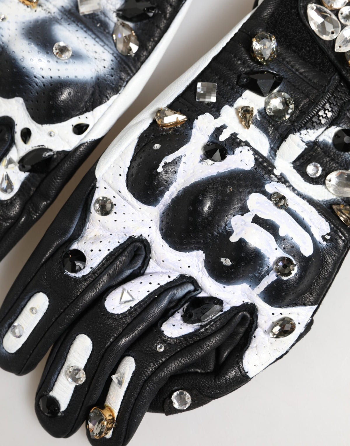 Dolce & Gabbana Polyester & Crystal Mittens Wrist Length Gloves - Black White Signature
