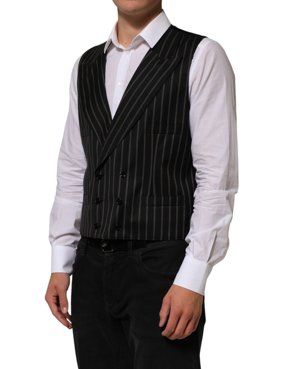 Dolce & Gabbana Men's Silk Cotton Viscose Wool Vest - Black Striped