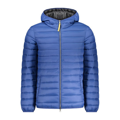 This Hooded Puffer Jacket by Armata Di Mare for men in polyamide blue exhibits a edgy silhouette, meticulously detailed with functional pockets, hooded, insulated & windproof and a edgy hooded neckline for a edgy finish.