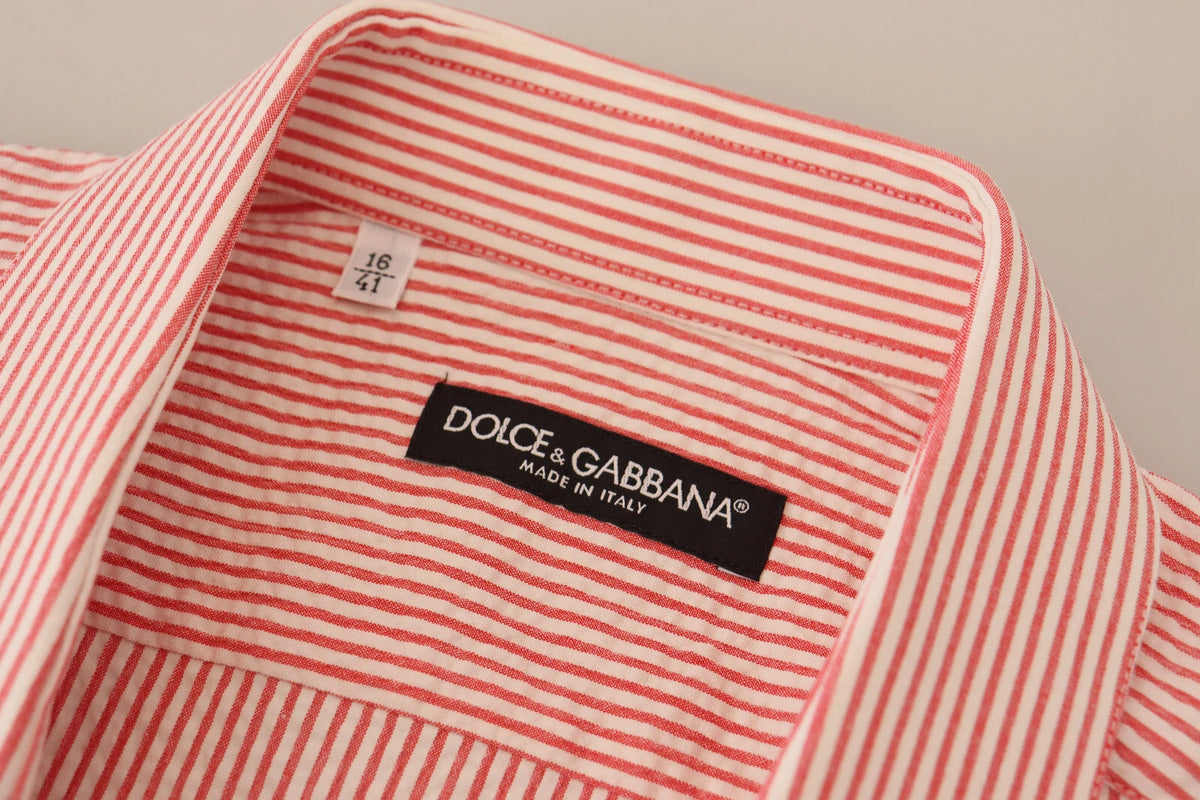 Dolce & Gabbana 9 To 5 Men's Regular Fit Short-Sleeve Stretch Cotton Shirt - Red White Patterned Striped