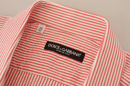 Dolce & Gabbana 9 To 5 Men's Regular Fit Short-Sleeve Stretch Cotton Shirt - Red White Patterned Striped
