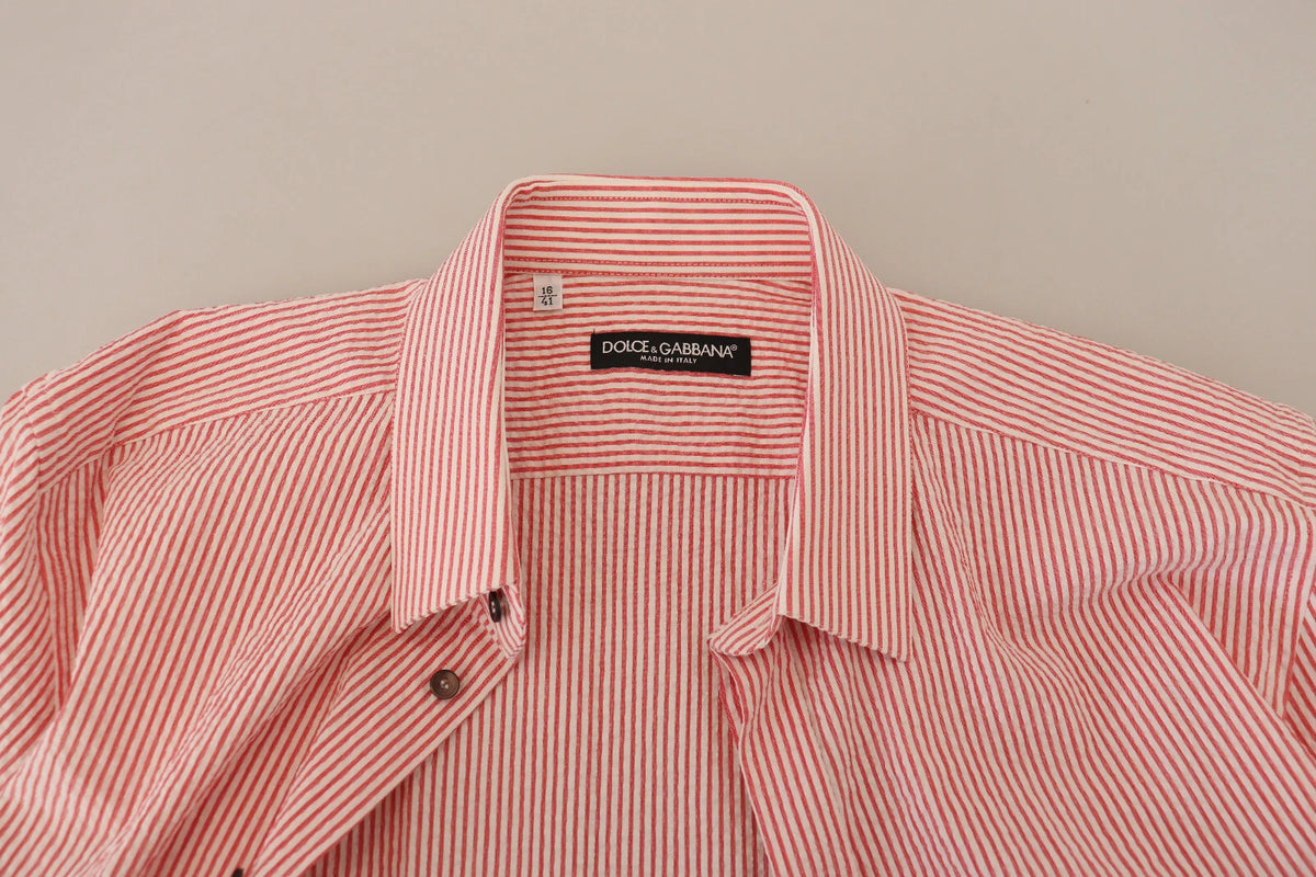 Dolce & Gabbana 9 To 5 Men's Regular Fit Short-Sleeve Stretch Cotton Shirt - Red White Patterned Striped