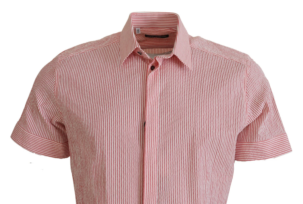 Dolce & Gabbana 9 To 5 Men's Regular Fit Short-Sleeve Stretch Cotton Shirt - Red White Patterned Striped