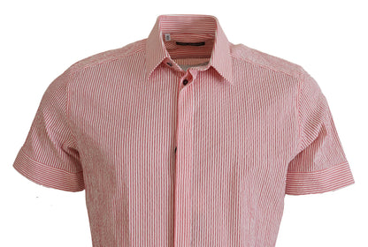 Dolce & Gabbana 9 To 5 Men's Regular Fit Short-Sleeve Stretch Cotton Shirt - Red White Patterned Striped