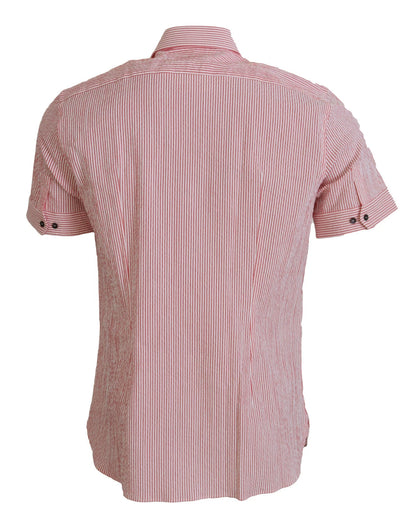 Dolce & Gabbana 9 To 5 Men's Regular Fit Short-Sleeve Stretch Cotton Shirt - Red White Patterned Striped
