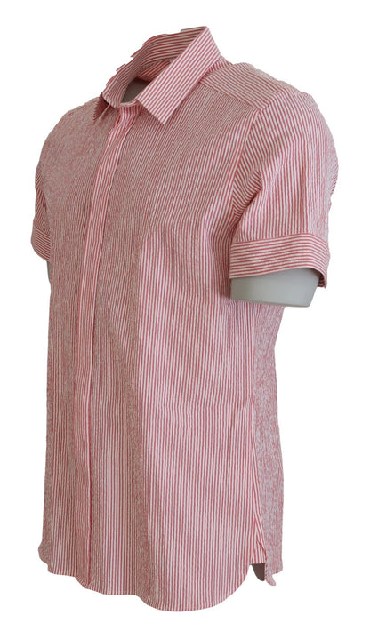 Dolce & Gabbana 9 To 5 Men's Regular Fit Short-Sleeve Stretch Cotton Shirt - Red White Patterned Striped