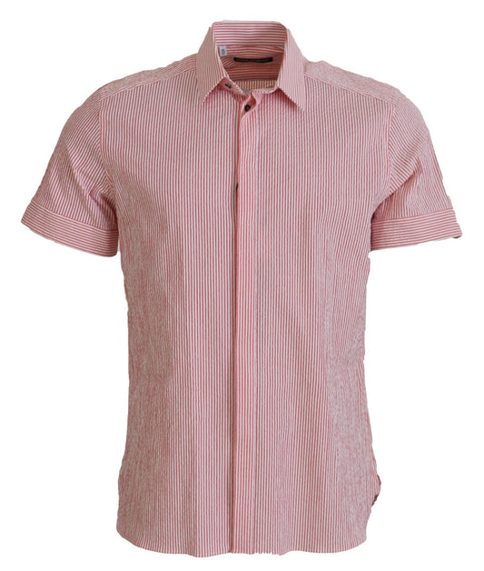 Dolce & Gabbana 9 To 5 Men's Regular Fit Short-Sleeve Stretch Cotton Shirt - Red White Patterned Striped