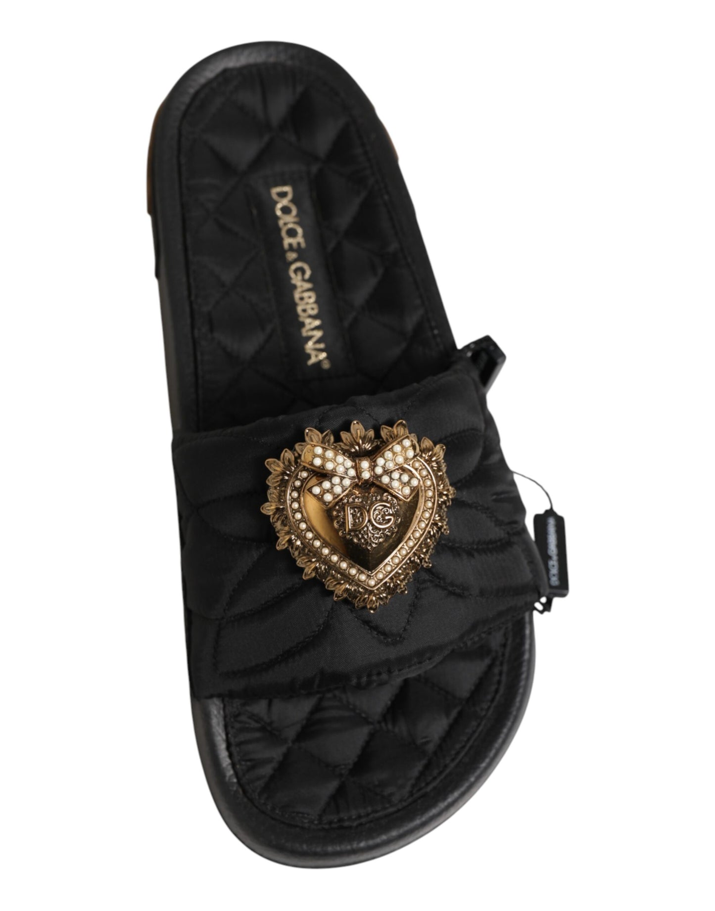 Dolce & Gabbana Black Devotion Matelassé Leather Slides Shoes