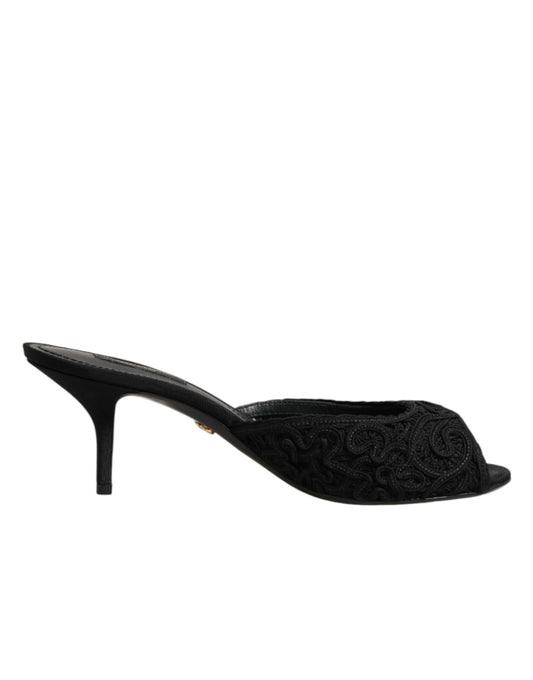 Dolce & Gabbana Women's Polyester Viscose Goat Leather & Cotton Mules Sliders Flat Shoes - Black Signature