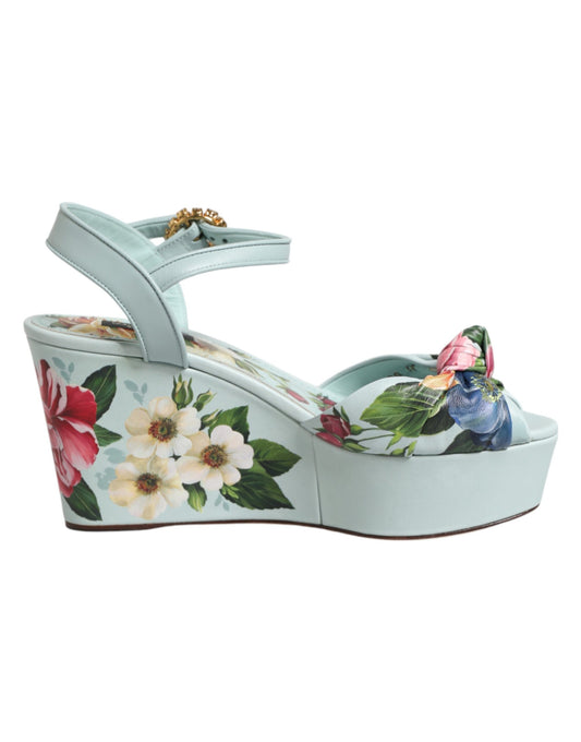 Dolce & Gabbana Women's Goat & Calf Leather Wedge Ankle Strap Sandals - Green Floral