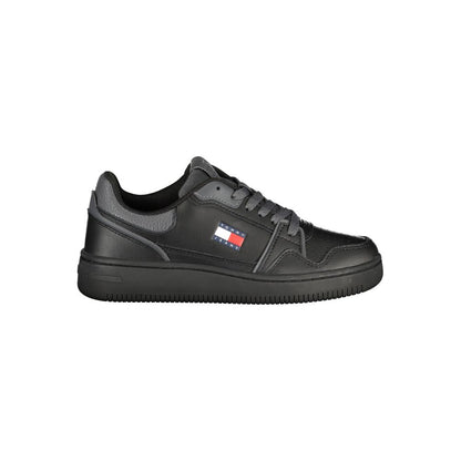 Athletic Sneakers by Tommy Hilfiger for women in polyester polyethylene leather black & gray presents a sleek silhouette, perfectly capturing the athletic style essence of Women's Athletic Polyester Polyethylene Leather Sneakers with its sleek design and premium finish.