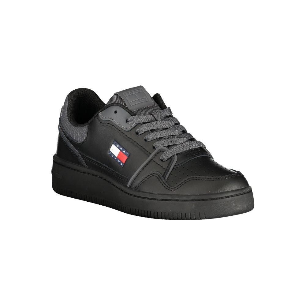 Athletic Sneakers by Tommy Hilfiger for women in polyester polyethylene leather black & gray features an architectural silhouette, showcasing the premium athletic style of the Women's Athletic Polyester Polyethylene Leather Sneakers with an architectural finish.