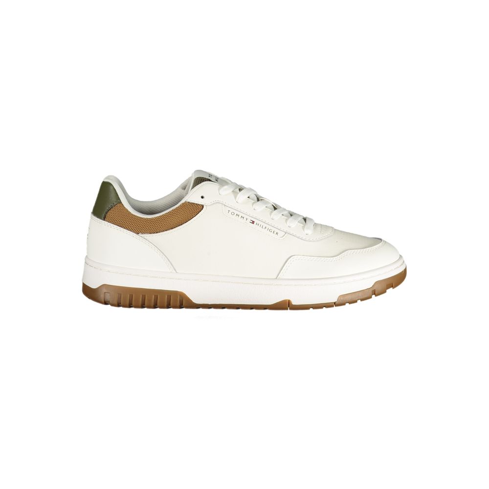 Athletic Sneakers by Tommy Hilfiger for men in polyester polyethylene leather white features an architectural silhouette, showcasing the premium athletic style of the Men's Athletic Polyester Polyethylene Leather Sneakers with an architectural finish.