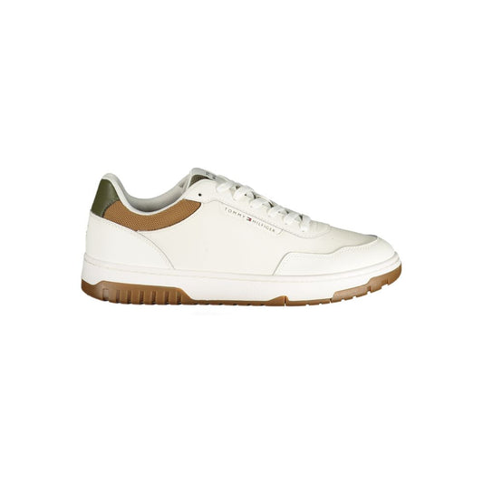 Athletic Sneakers by Tommy Hilfiger for men in polyester polyethylene leather white features an architectural silhouette, showcasing the premium athletic style of the Men's Athletic Polyester Polyethylene Leather Sneakers with an architectural finish.