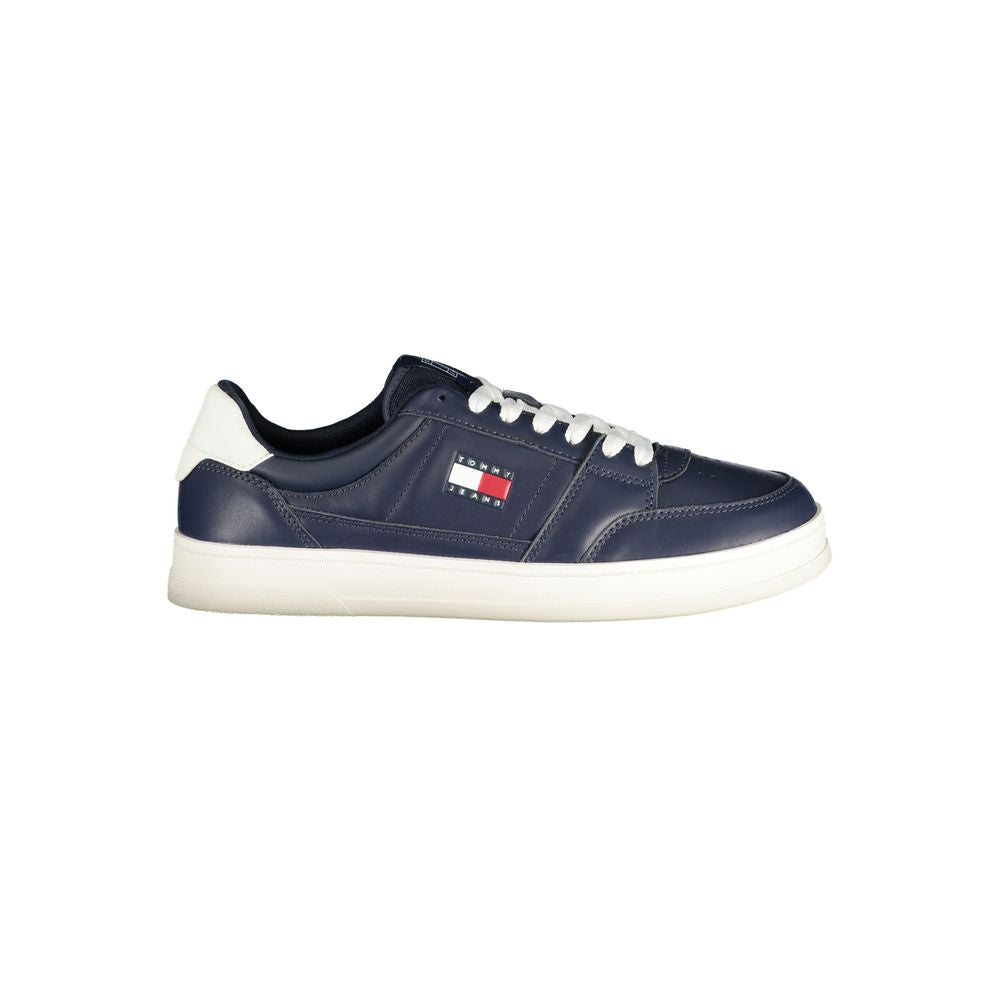 Athletic Sneakers by Tommy Hilfiger for men in polyester polyethylene leather blue, white & print showcases a architectural silhouette, artfully capturing the essence of the Crisp Men's Athletic Polyester Polyethylene Leather Sneakers with its signature architectural athletic style construction.