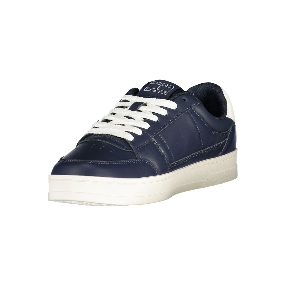 Athletic Sneakers by Tommy Hilfiger for men in polyester polyethylene leather blue, white & print features an architectural silhouette from the Crisp Men's Athletic Polyester Polyethylene Leather Sneakers collection, showcasing a architectural athletic style for a architectural look.