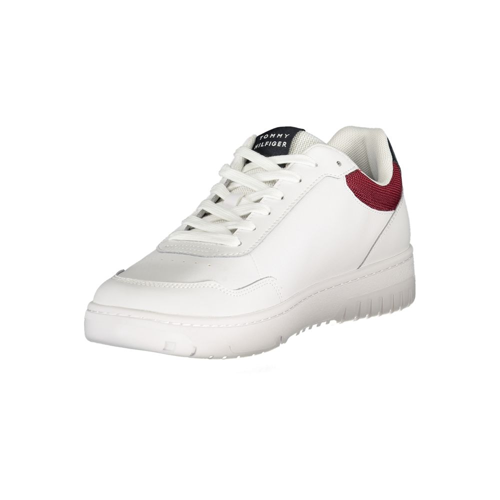 Athletic Sneakers by Tommy Hilfiger for men in polyester polyethylene leather white features an stately silhouette, showcasing the signature athletic style of the Men's Athletic Polyester Polyethylene Leather Sneakers collection with a truly stately finish.