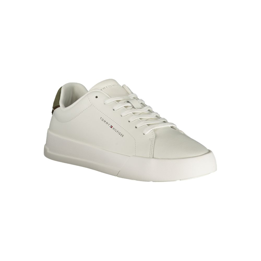 Athletic Sneakers by Tommy Hilfiger for men in polyester polyurethane leather green, white & signature features an architectural silhouette from the Men's Athletic Polyester Polyurethane Leather Sneakers collection, showcasing a architectural athletic style for a architectural look.