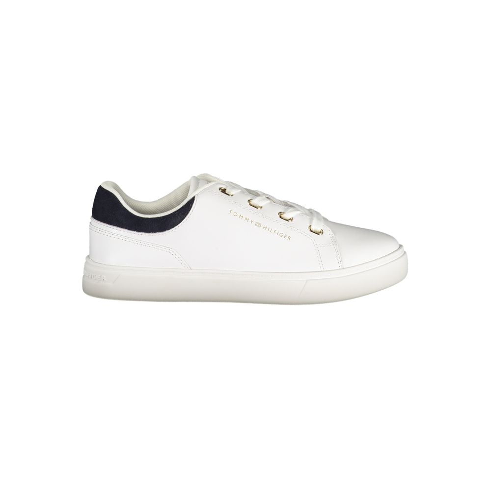 Athletic Sneakers by Tommy Hilfiger for women in polyester polyethylene leather blue, white, signature-print & print features an architectural silhouette from the Women's Athletic Polyester Polyethylene Leather Sneakers collection, showcasing a architectural athletic style for a architectural look.
