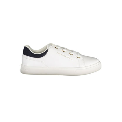 Athletic Sneakers by Tommy Hilfiger for women in polyester polyethylene leather blue, white, signature-print & print features an architectural silhouette from the Women's Athletic Polyester Polyethylene Leather Sneakers collection, showcasing a architectural athletic style for a architectural look.