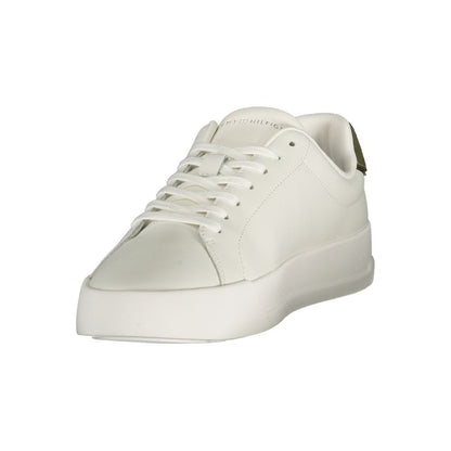 Athletic Sneakers by Tommy Hilfiger for men in polyester polyethylene leather green & white showcases a architectural silhouette, artfully capturing the essence of the Men's Athletic Polyester Polyethylene Leather Sneakers with its signature architectural athletic style construction.