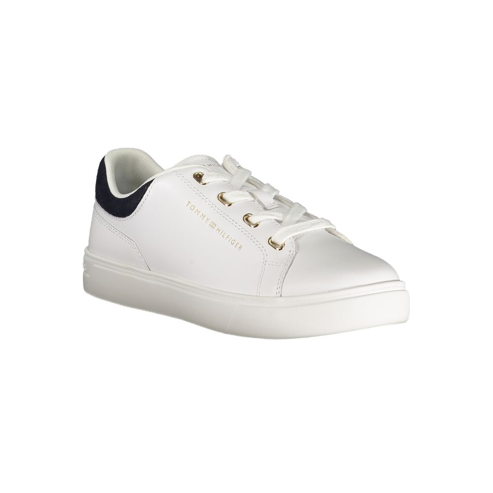 Athletic Sneakers by Tommy Hilfiger for women in polyester polyethylene leather blue, white, signature-print & print presents a sleek silhouette, perfectly capturing the athletic style essence of Women's Athletic Polyester Polyethylene Leather Sneakers with its sleek design and premium finish.