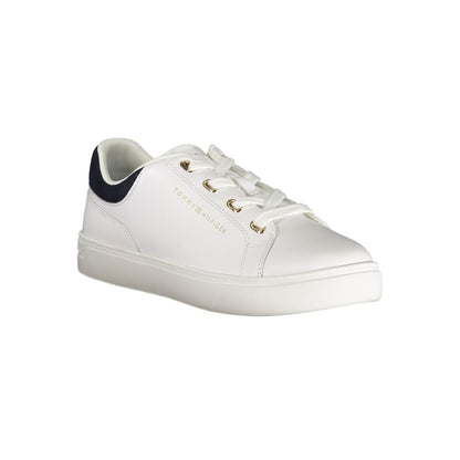 Athletic Sneakers by Tommy Hilfiger for women in polyester polyethylene leather blue, white, signature-print & print presents a sleek silhouette, perfectly capturing the athletic style essence of Women's Athletic Polyester Polyethylene Leather Sneakers with its sleek design and premium finish.