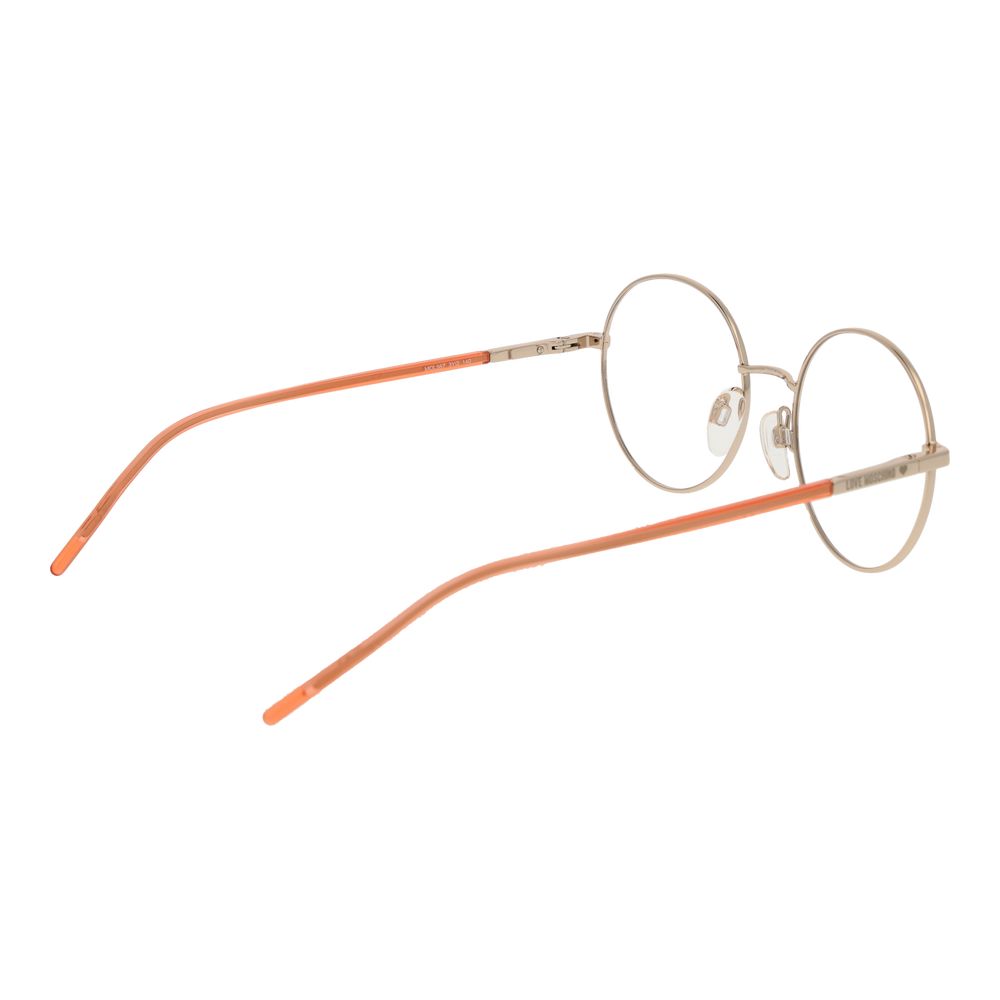 Eyeglasses Frames by Love Moschino for women in metal gold showcases a reflective silhouette, artfully incorporating a sophisticated gold coloured frame with a distinct full-frame frame design.