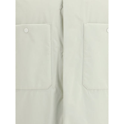 Overcoat by LAMINAR for men in nylon cream & ivory features a cosy chic silhouette, artfully detailed with a sophisticated and premium pockets & insulated for a cosy chic finish.