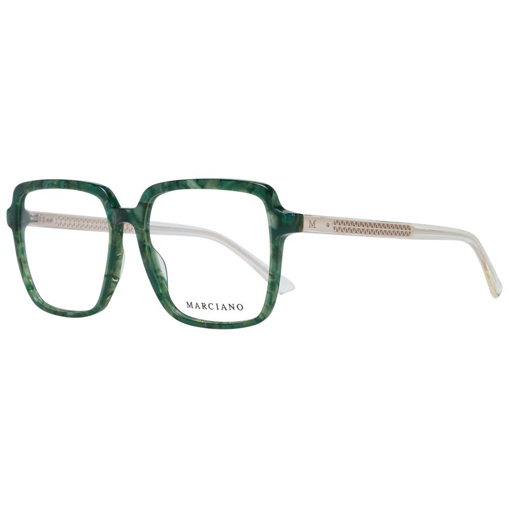 Eyeglasses Frames by Marciano by Guess for women in polyamide bicolour & green showcases a reflective silhouette, artfully incorporating a sophisticated with a distinct full-frame frame design.