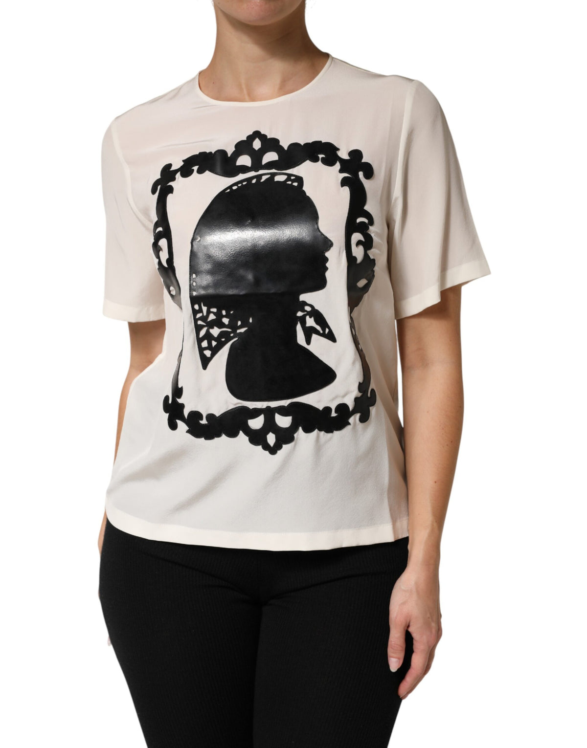 Dolce & Gabbana Women's Short-Sleeve Round Neck Silk Blouse - Cream Patterned