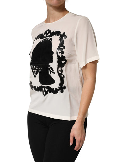 Dolce & Gabbana Women's Short-Sleeve Round Neck Silk Blouse - Cream Patterned