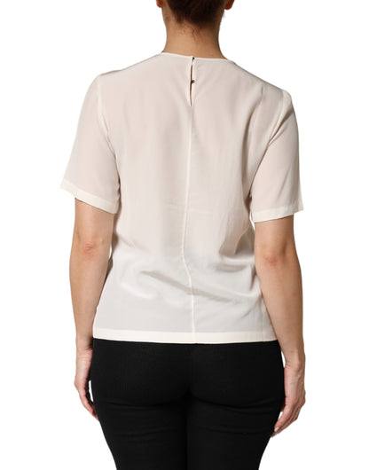 Dolce & Gabbana Women's Short-Sleeve Round Neck Silk Blouse - Cream Patterned