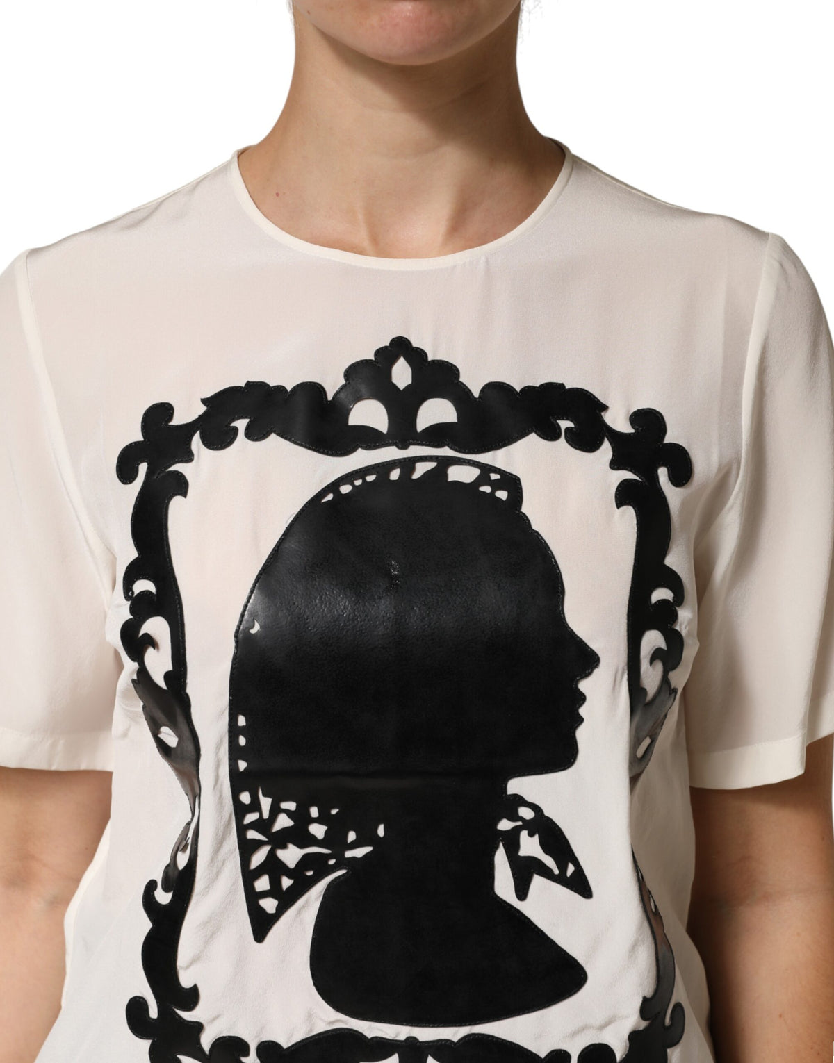 Dolce & Gabbana Women's Short-Sleeve Round Neck Silk Blouse - Cream Patterned