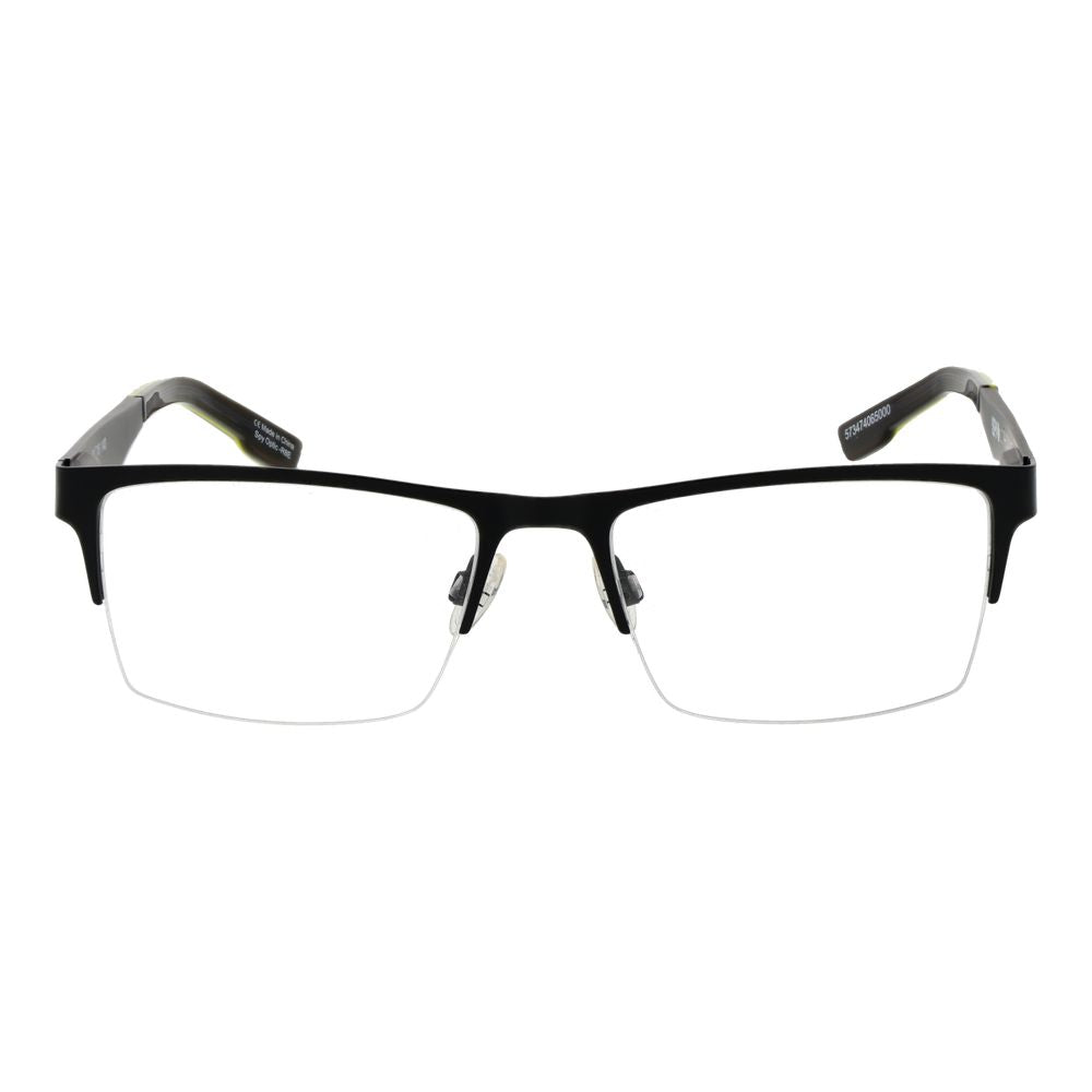 Eyeglasses Frames by Spy for men in plastic black showcases a reflective silhouette, artfully incorporating a sophisticated black coloured frame with a distinct half-frame frame design.