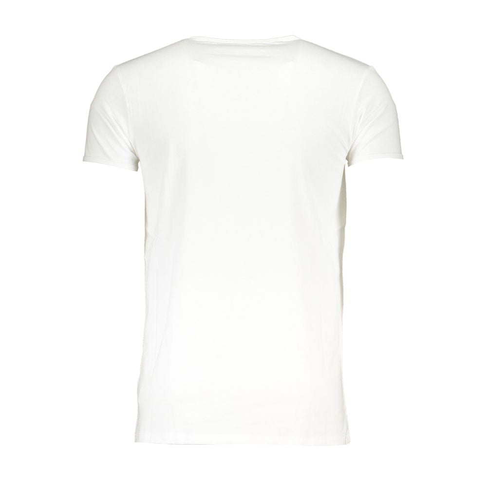 T-Shirt by Cavalli Class for men in cotton white & print showcases a fashionable silhouette, elegantly detailed with a fashionable and crew neckline for a sophisticated, high-fashion look.