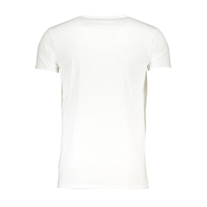 T-Shirt by Cavalli Class for men in cotton white & print showcases a fashionable silhouette, elegantly detailed with a fashionable and crew neckline for a sophisticated, high-fashion look.