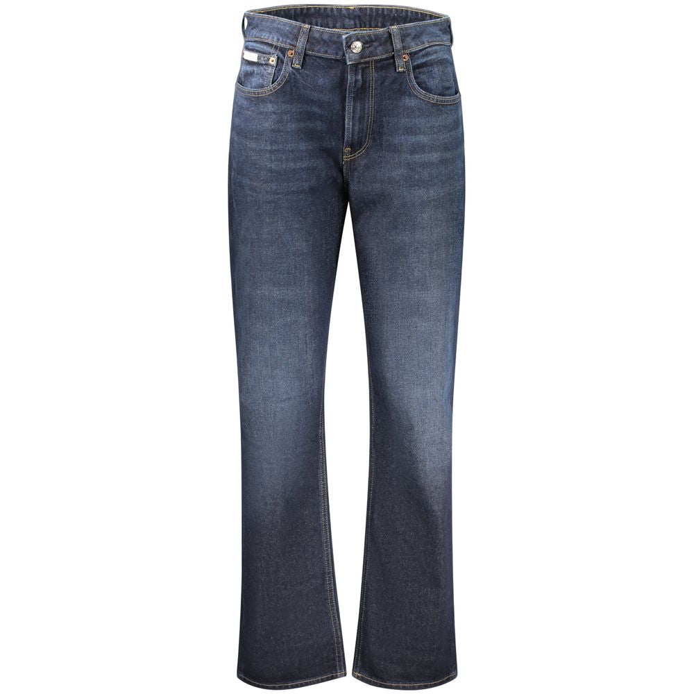 Jeans by Calvin Klein for women in stretch denim cotton blue presents a tailored silhouette, showcasing a tailored straight-leg & wide and long cut with a refined high rise for a truly tailored aesthetic.
