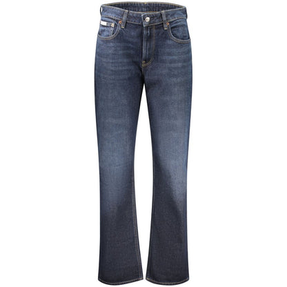 Jeans by Calvin Klein for women in stretch denim cotton blue presents a tailored silhouette, showcasing a tailored straight-leg & wide and long cut with a refined high rise for a truly tailored aesthetic.