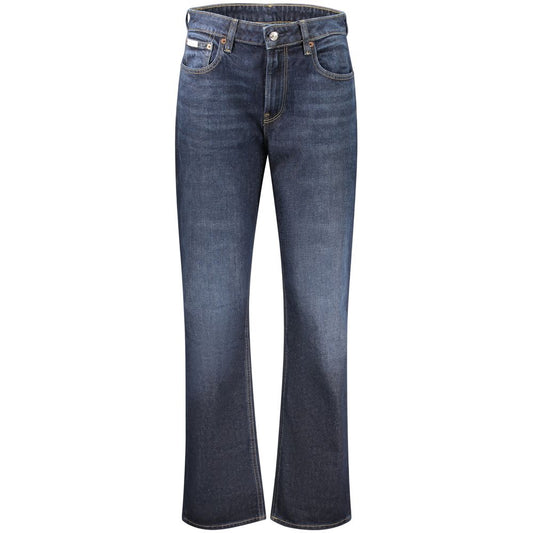 Jeans by Calvin Klein for women in stretch denim cotton blue presents a tailored silhouette, showcasing a tailored straight-leg & wide and long cut with a refined high rise for a truly tailored aesthetic.