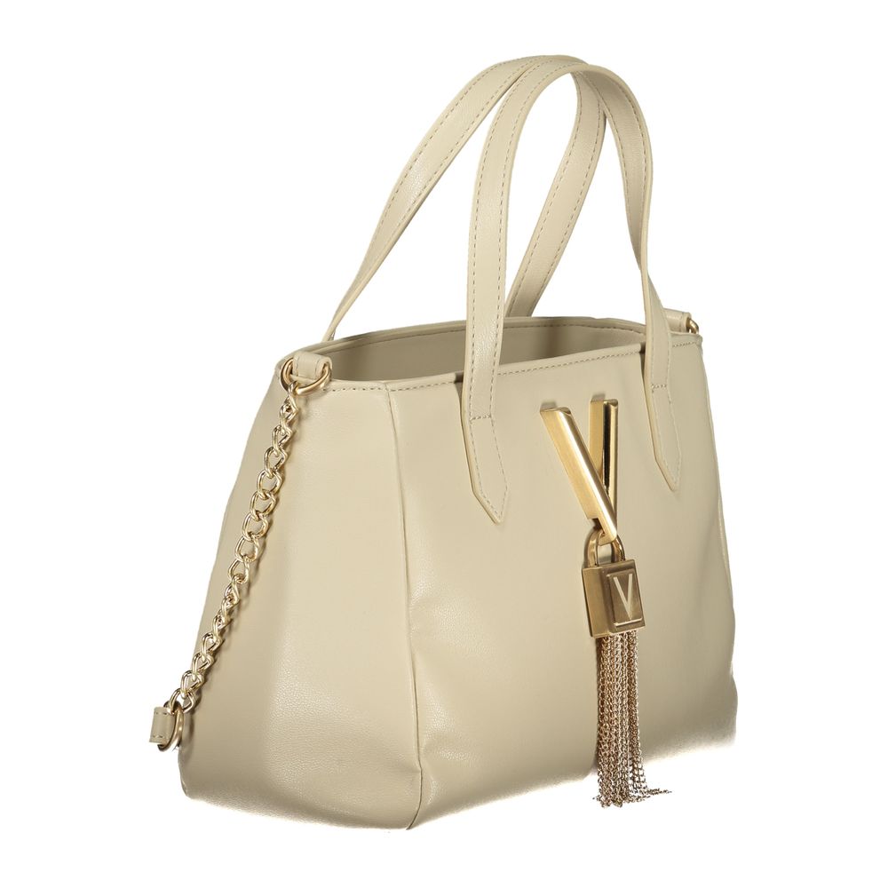 Handbag by Mario Valentino for women in polyethylene beige features a signature silhouette, showcasing a secure zipper and signature document-holder & internal-pockets with versatile shoulder-strap, handle & adjustable-strap for a sophisticated look.