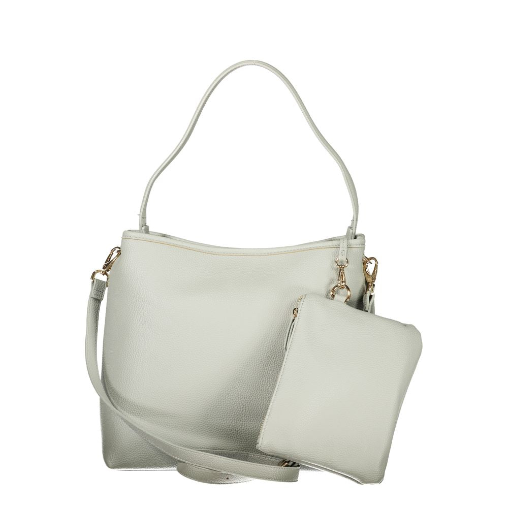 2-in-1 Shoulder & Crossbody Pouch Handbag by Mario Valentino for women in polyethylene gray features a ornamental silhouette, showcasing a secure snap, ample internal-pockets, and ornamental crossbody-strap, shoulder-strap, adjustable-strap & handle for a sophisticated look.