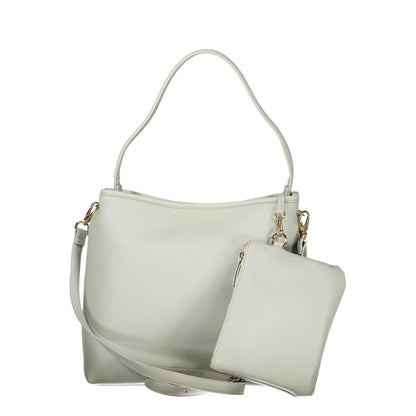 2-in-1 Shoulder & Crossbody Pouch Handbag by Mario Valentino for women in polyethylene gray features a ornamental silhouette, showcasing a secure snap, ample internal-pockets, and ornamental crossbody-strap, shoulder-strap, adjustable-strap & handle for a sophisticated look.