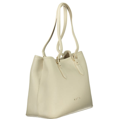 This Handbag by Mario Valentino for women in polyethylene and beige presents a sculptural silhouette featuring a secure zipper, ample built-in-compartments & internal-pockets, and versatile shoulder-strap, handle & adjustable-strap for a sculptural finish.