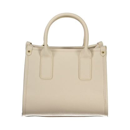 Handbag by Mario Valentino for women in polyethylene beige, signature-print & print features a signature silhouette, showcasing a secure and signature internal-pockets with versatile handle & adjustable-strap for a sophisticated look.