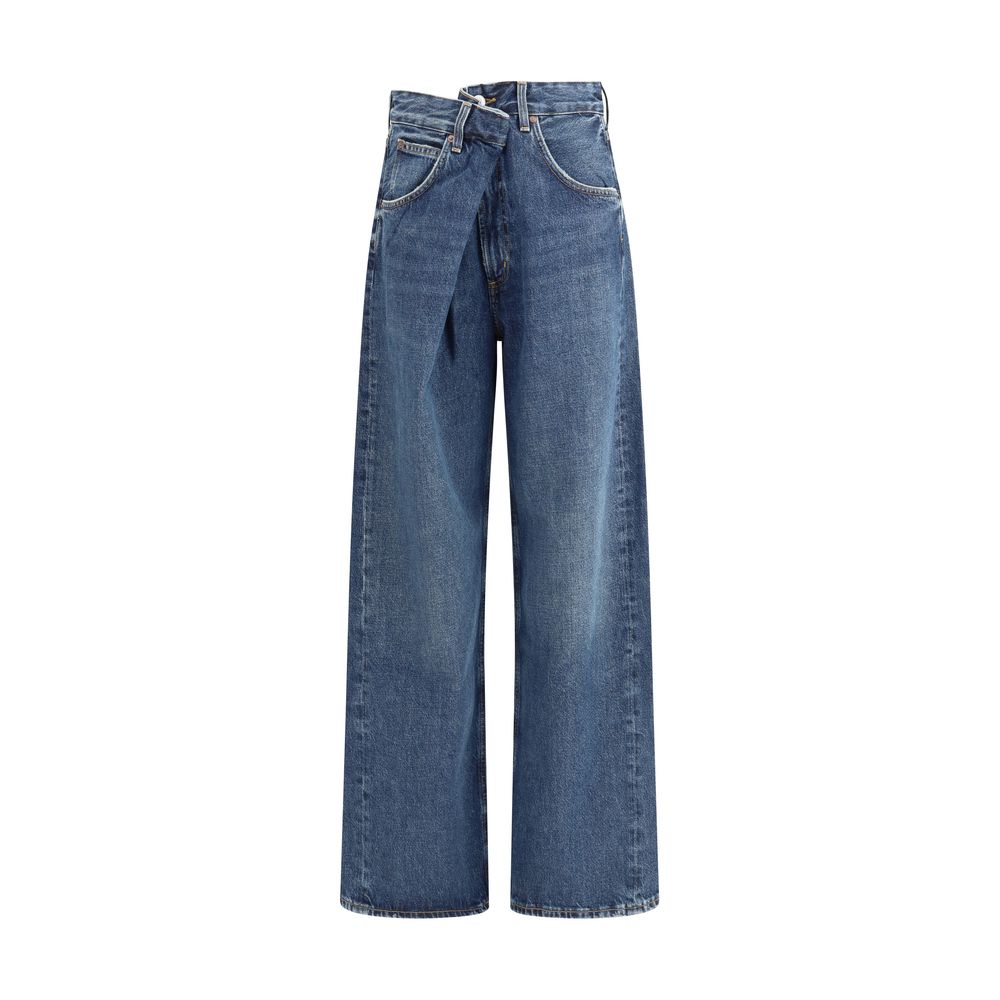 Jeans by Agolde for women in denim cotton blue presents a tailored silhouette, showcasing a tailored wide & oversized and long cut with a refined for a truly tailored aesthetic.