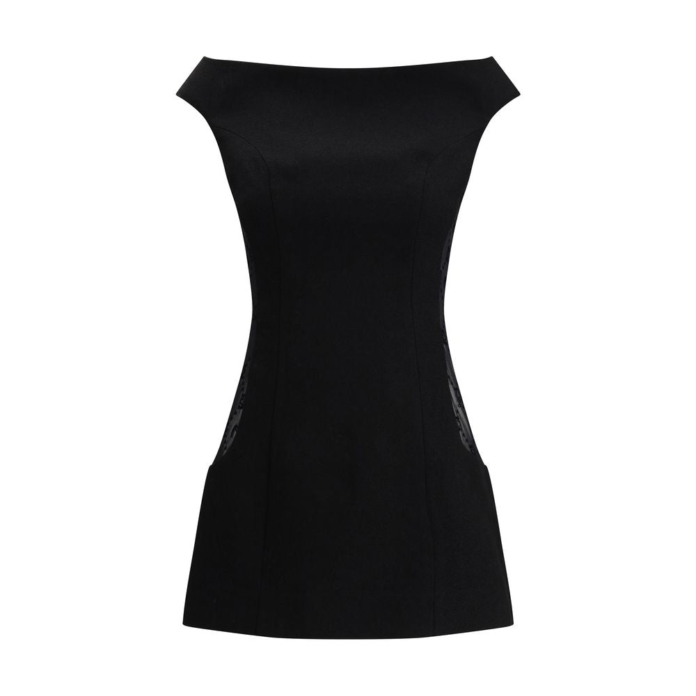 Dress by Marine Serre for women in wool & viscose black, jacquard & signature features an eye catching silhouette with a sophisticated boat neckline, elegant sleeveless, and a refined mini for a eye catching aesthetic.