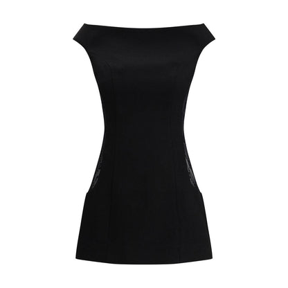 Dress by Marine Serre for women in wool & viscose black, jacquard & signature features an eye catching silhouette with a sophisticated boat neckline, elegant sleeveless, and a refined mini for a eye catching aesthetic.