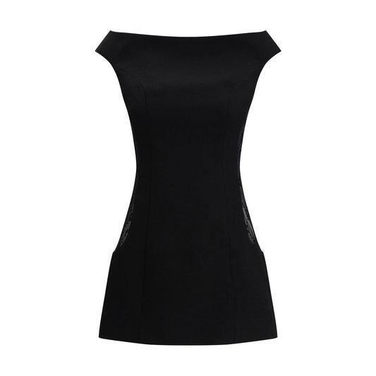 Dress by Marine Serre for women in wool & viscose black, jacquard & signature features an eye catching silhouette with a sophisticated boat neckline, elegant sleeveless, and a refined mini for a eye catching aesthetic.