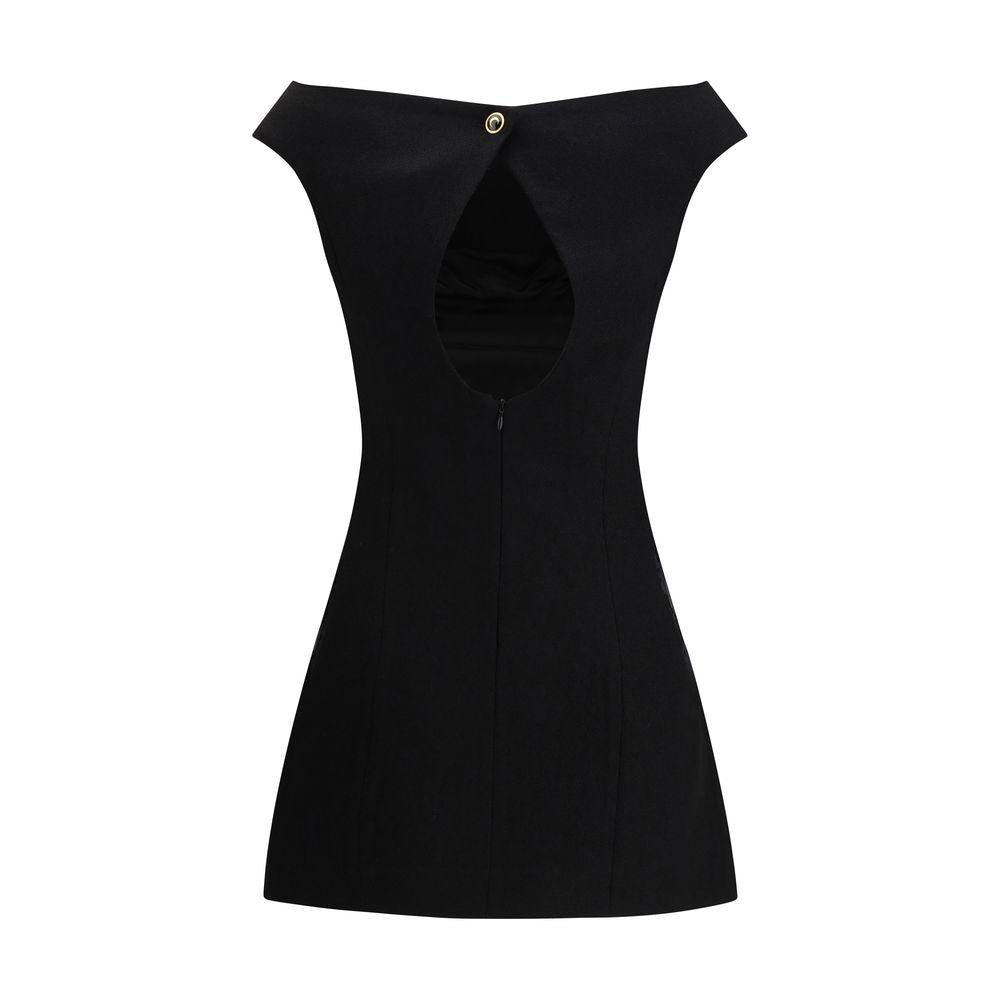 Dress by Marine Serre for women in wool & viscose black, jacquard & signature features an magnificent silhouette, artfully detailed with a magnificent boat neckline and that flows into an magnificent mini.